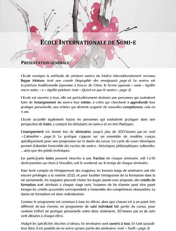Brochure Ecole Internationale de Sumi-e 2023-2024