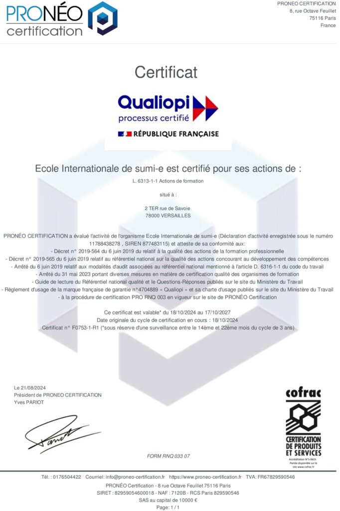 Certificat Qualiopi Ecole Internationale de Sumi-e