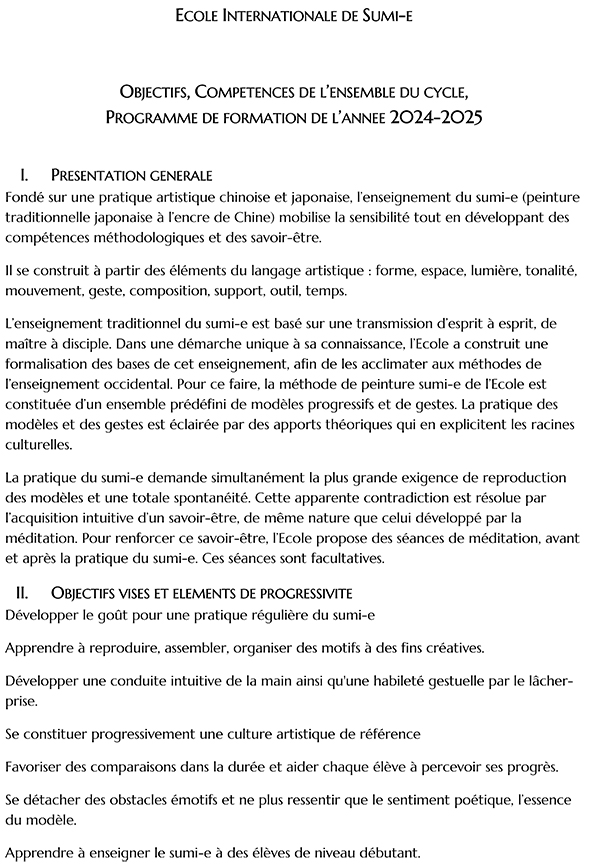 Programme Ecole Internationale de Sumi-e 2024-2025